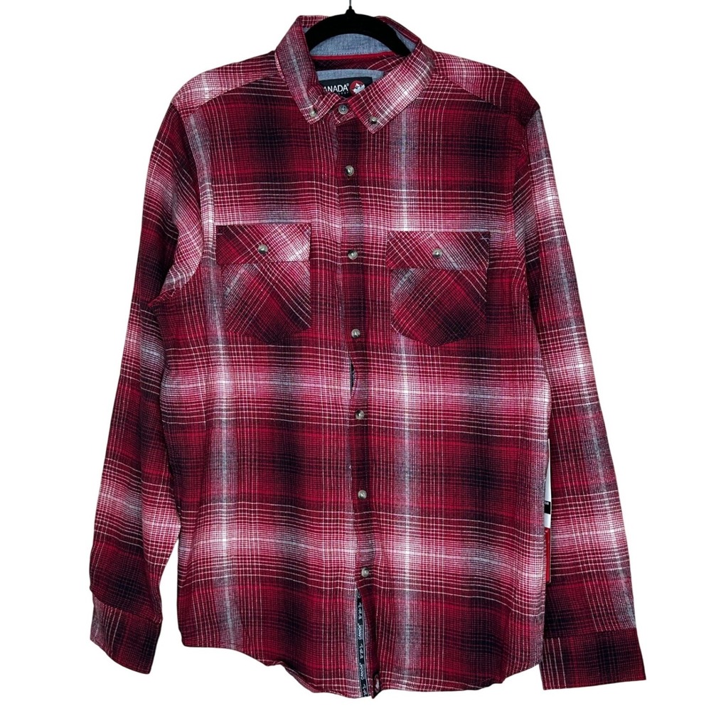 Canada Weathergear Men's Red Plaid Flannel Button Down Shirt UPF Protection Med